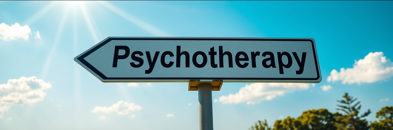Brighton executive stress counselling sign pointing to psychotherapy under sunny sky.
