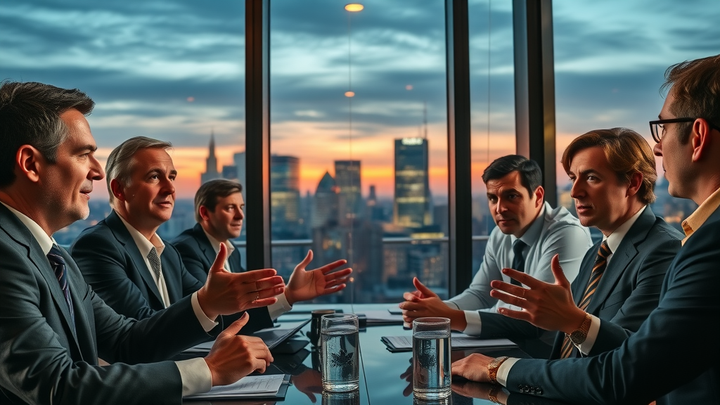 Executive team in high-stakes meeting discussing strategic decision making, cityscape at twilight, expressive faces, gold accents