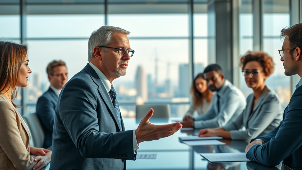Confident executive in a modern boardroom presenting strategy to team, executive decision making, panoramic office, city skyline