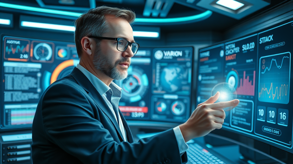 Innovative executive using AI dashboard for executive decision making, tech command center, glowing data streams