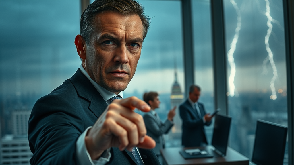executive decision making during crisis, determined executive leading a team through storm