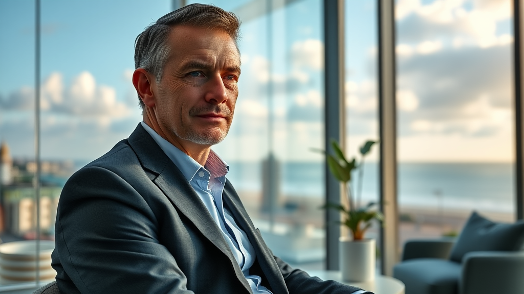 Executive in counselling with Brighton city view, seeking stress relief support.