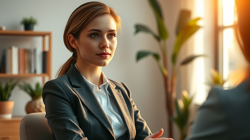Female executive at Brighton stress counselling session in calming therapy office.