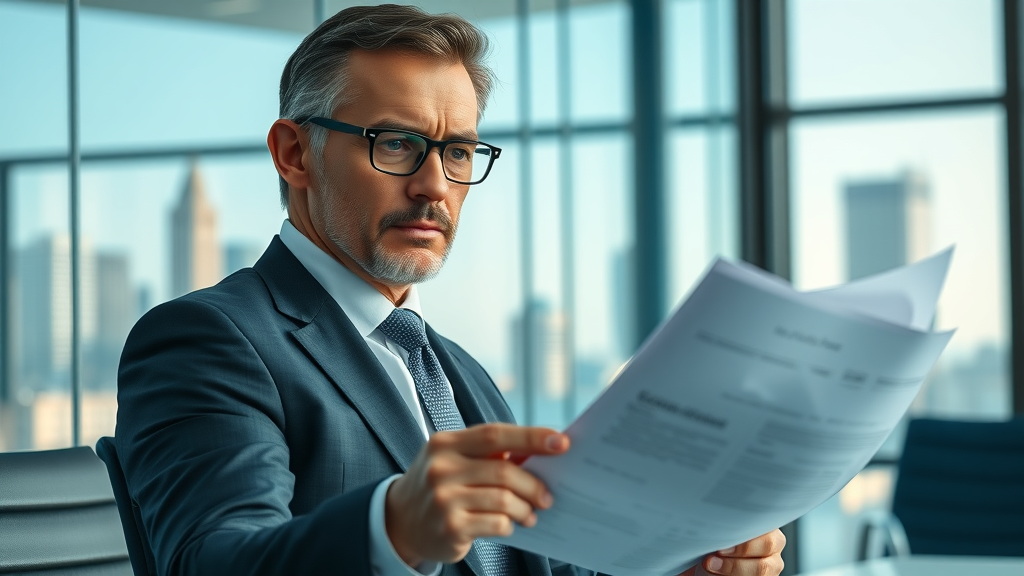 executive decision making in a modern boardroom, authoritative executive reviewing important documents