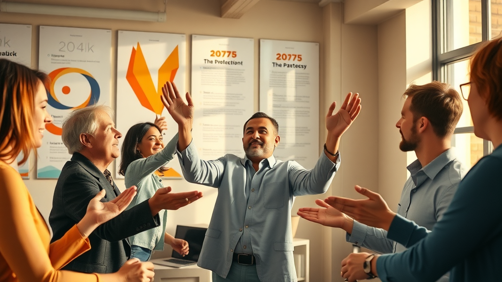 Motivated executive leading diverse team, executive decision making, collaborative open gestures, inspiring office