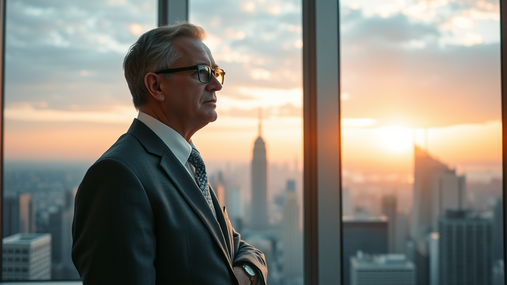 Influential executive at sunrise, overlooking city skyline, executive decision making, visionary leadership office