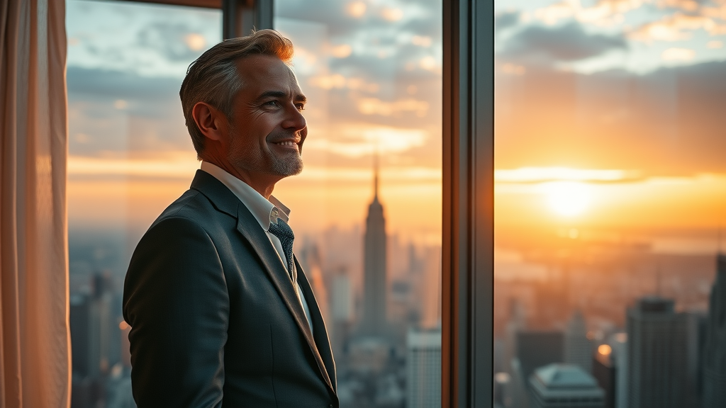 executive decision making reflective executive contemplating decisions at sunset over cityscape