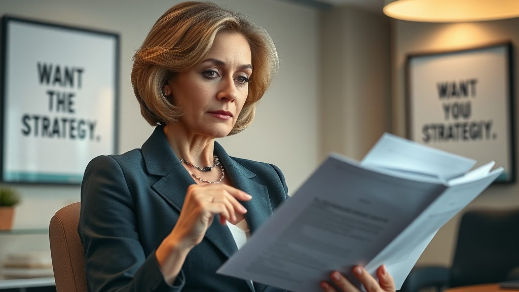 Thoughtful senior executive woman reviewing strategic documents, executive decision making, elegant office, ambient lighting