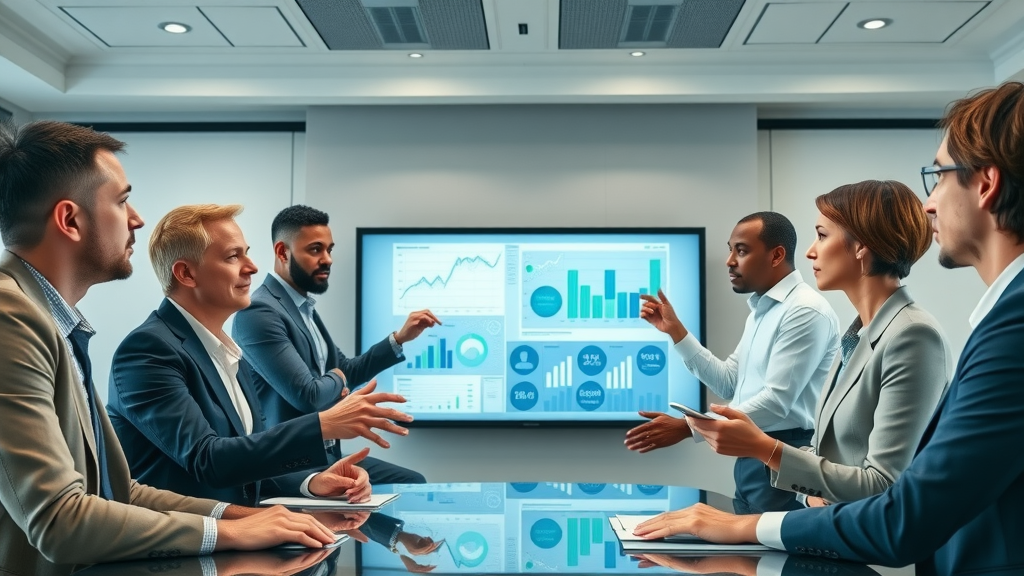 Diverse executive team analyzing data in a digital boardroom, executive decision making, interactive whiteboard with animated data