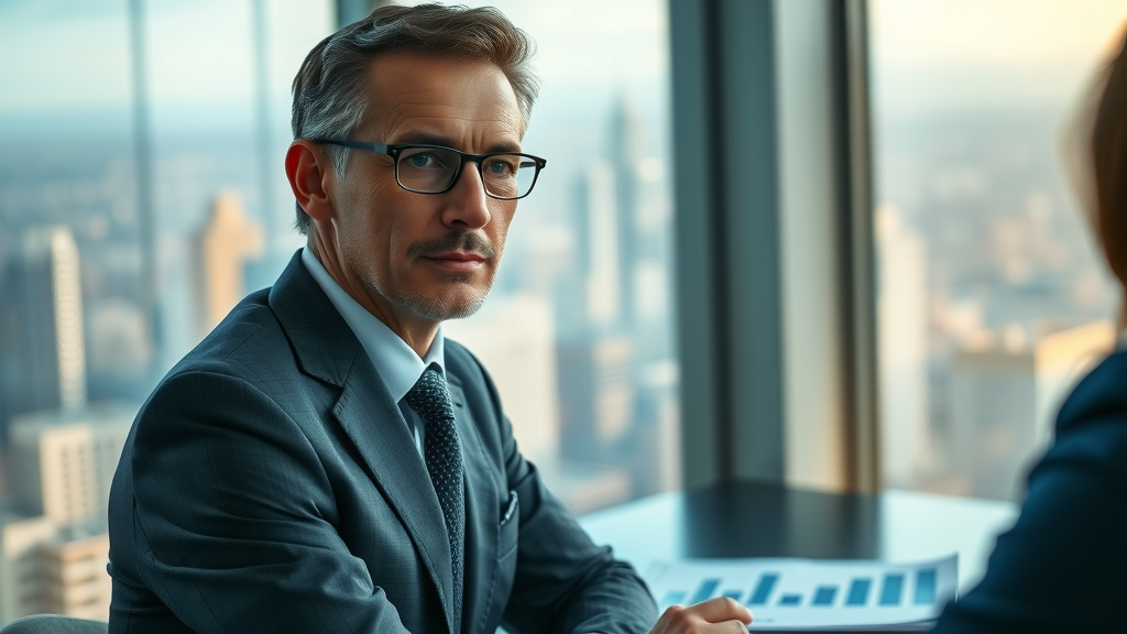 thoughtful executive analyzing team dynamics and leadership psychology insights in a modern high-rise boardroom