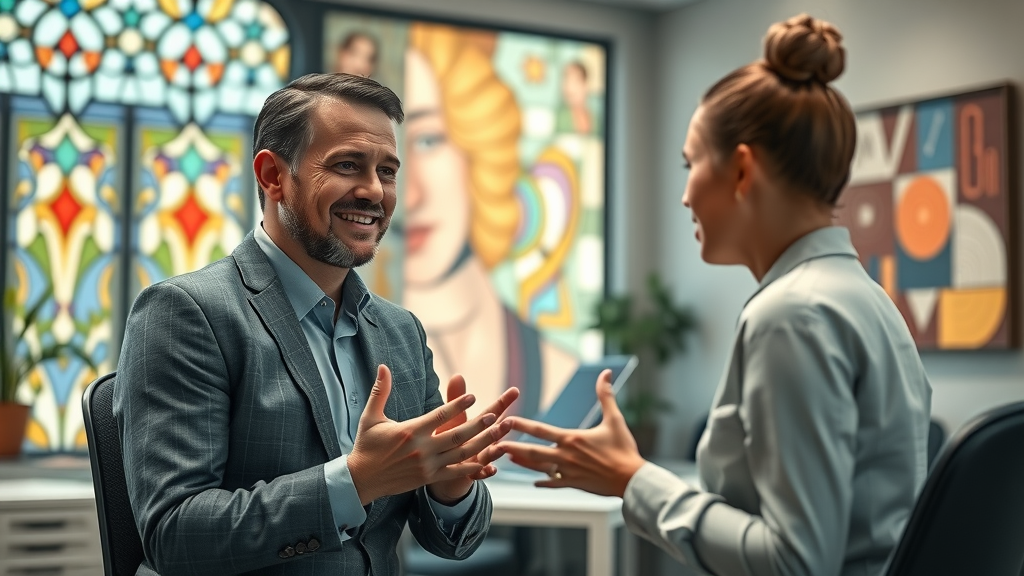 calm leader using emotional intelligence to mediate a leadership psychology discussion between two team members in a creative office