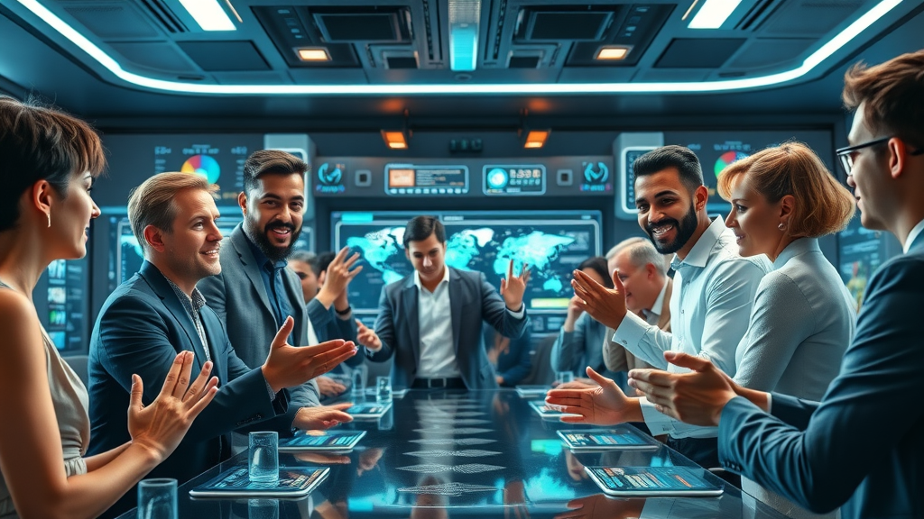 innovative leader engaging a multicultural team in leadership psychology brainstorming inside a futuristic tech conference room