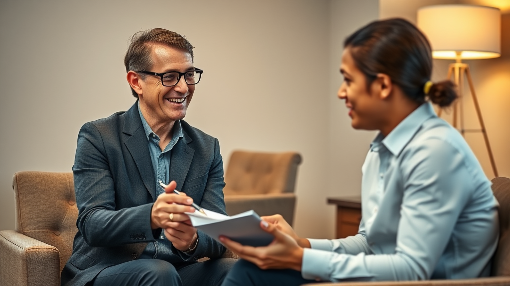 motivated leadership coach practicing leadership psychology by mentoring a young professional in a comfortable office