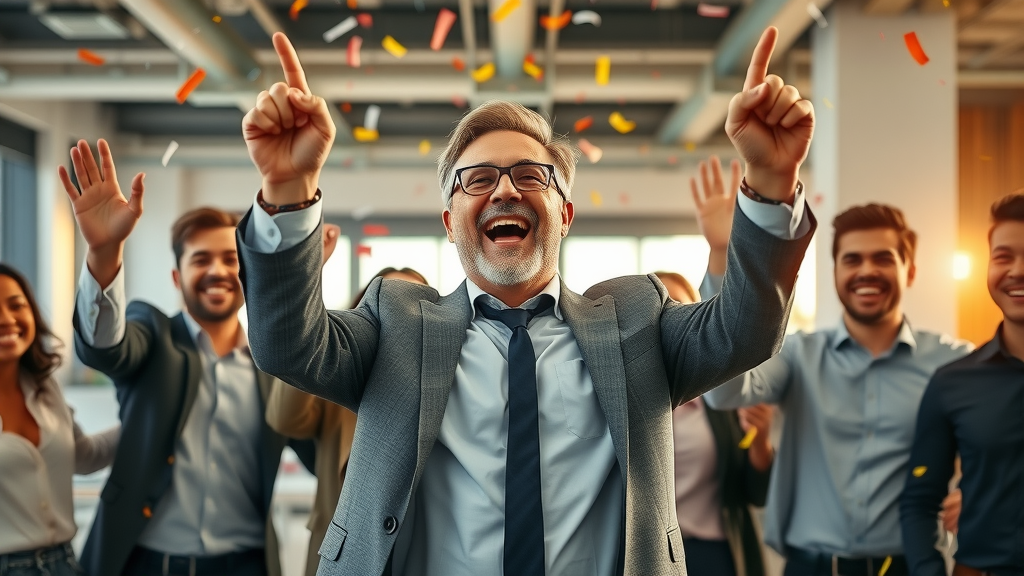 accomplished leader celebrating transformative team success using leadership psychology in a vibrant modern office