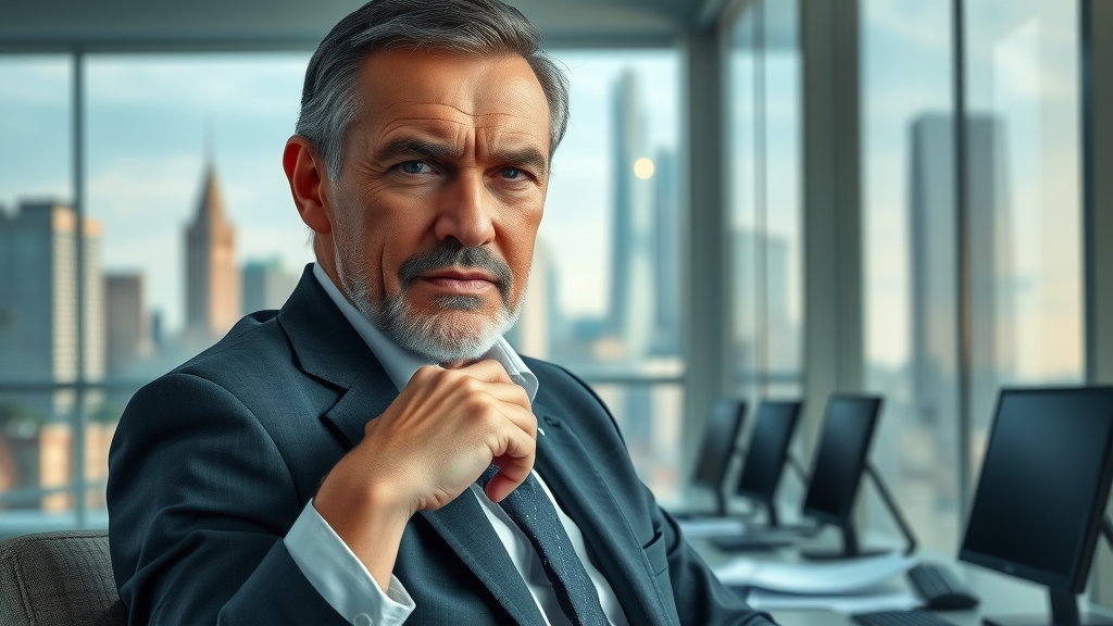 Stressed senior executive showing signs of executive burnout, serious expression in a modern glass-walled office, city skyline in background, paperwork and monitors indicate workplace stress