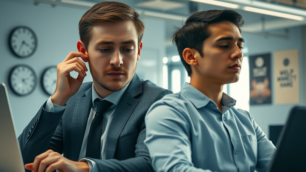 Fatigued and overwhelmed business professional compared to relaxed executive practicing mindfulness; illustrates the contrast between executive burnout and typical work stress in a modern office setting.
