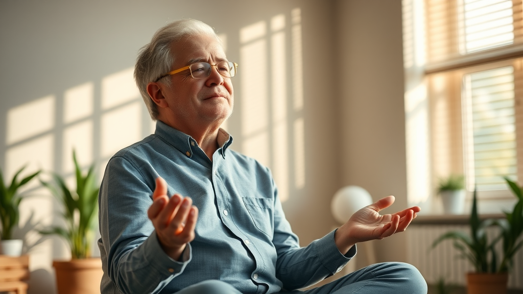 Middle-aged executive, hopeful and serene, practicing mindful meditation in a minimalist office as part of recovery from executive burnout.