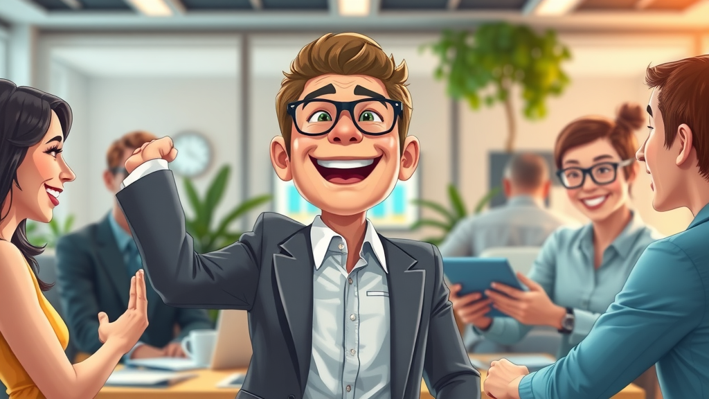 Triumphant executive, relieved and confident, participating in a collaborative team after recovering from executive burnout.