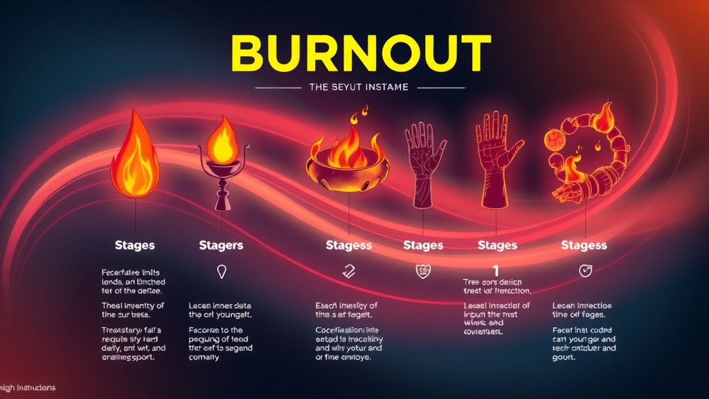 Infographic diagram visually illustrating the 5 stages of burnout with clear differentiation and progressive iconography for executive burnout.