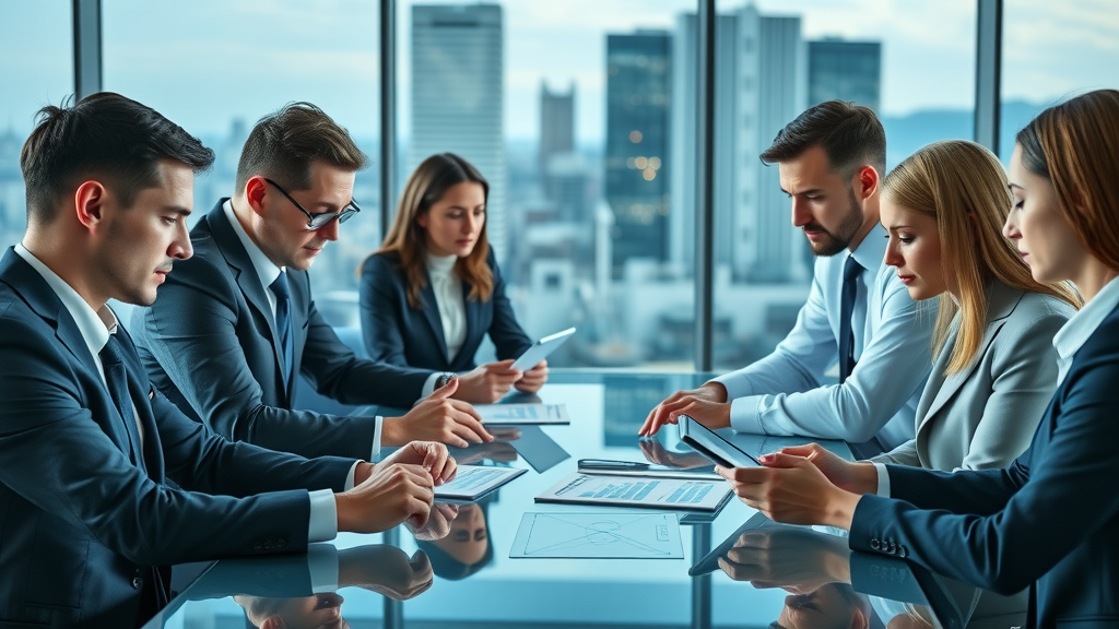 Thoughtful executive team in formal business attire, focused expressions, gathered around an illuminated conference table studying graphs and data on tablets. The image depicts strategic decision making in a modern glass office with a city skyline visible, highlighting business leaders collaborating on a strategic plan.