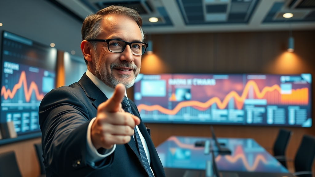Confident business leader with visionary look pointing towards the future on a digital roadmap. This illustrates leadership and strategic decision making in a boardroom with large digital wall screens showing data projections, representing long-term business goals.