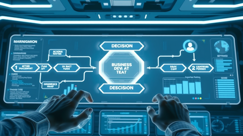 Organized business process flow with abstract representation of decision steps and interconnected arrows, visually illustrating each stage of the strategic decision making process.
