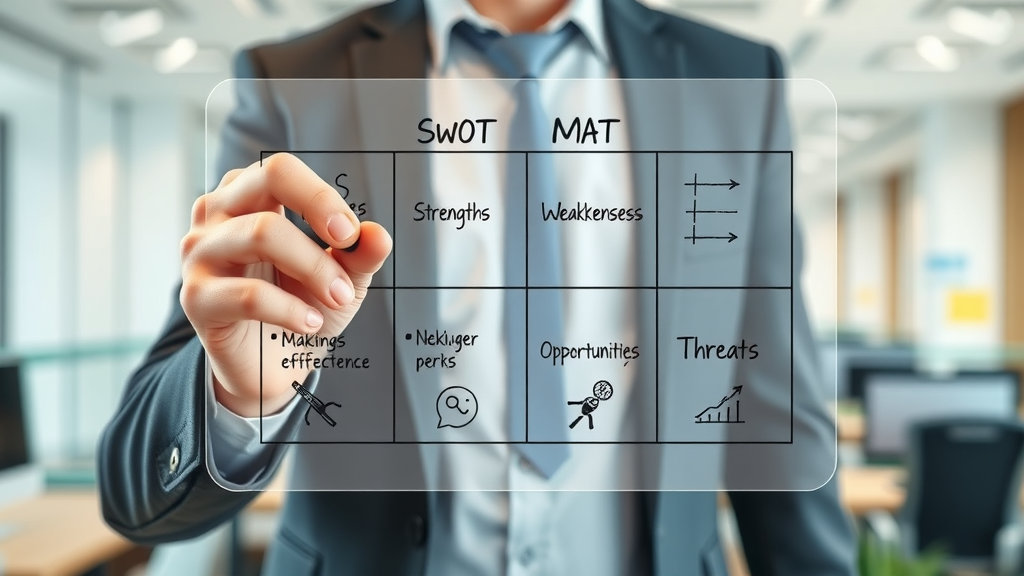 Business strategist writing on a transparent SWOT matrix board in an office, visually displaying strengths, weaknesses, opportunities, and threats to inform strategic decision making.