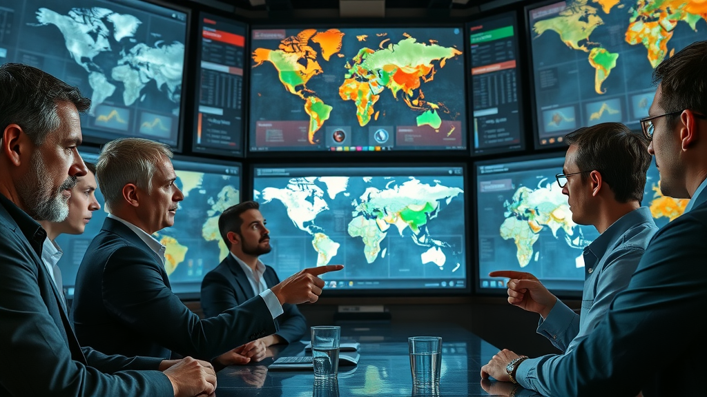 Team of professionals reviewing multiple future scenarios projected onto large digital screens in a modern strategic war-room, demonstrating advanced scenario planning for uncertainty.