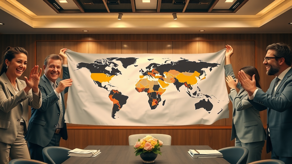 Dynamic business expansion team unveiling a world map with highlighted entry points, representing the strategic decision of entering a new market at a global boardroom meeting.
