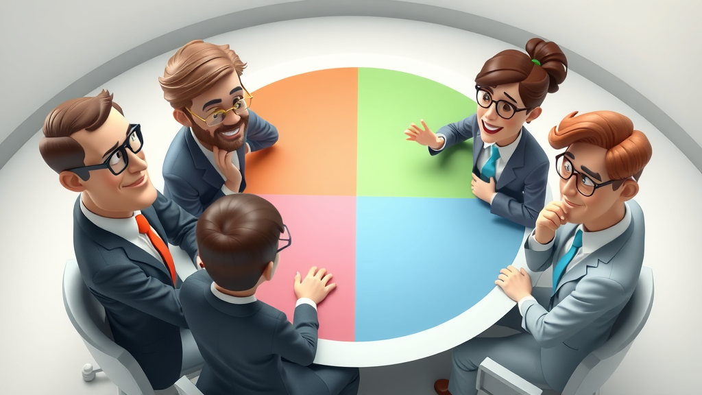 Four diverse business professionals in a circular meeting room, each representing rational, collaborative, incremental, and intuitive approaches to strategic decision making.