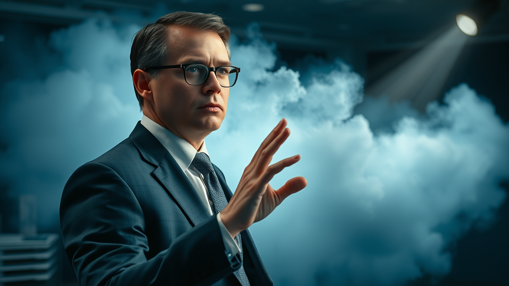 Determined executive standing before abstract representations of bias and uncertainty, seated in a moody office environment illuminated by data holograms, symbolising overcoming obstacles to effective decision making.