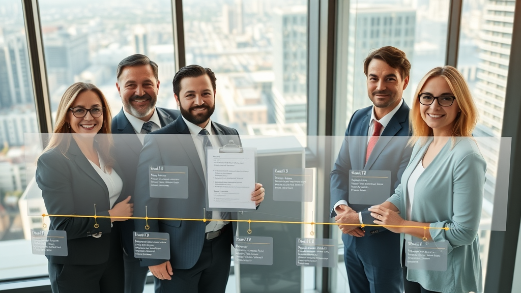 Organizational leadership team overlaying a transparent strategic plan onto a real-world business timeline, representing the process of connecting strategic decisions to core business strategy.